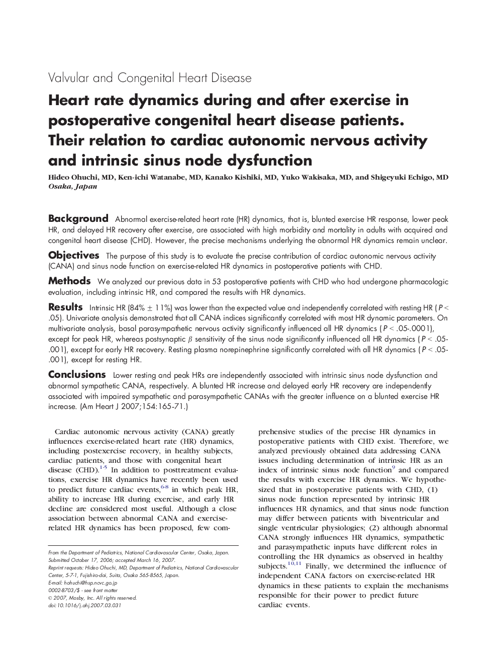 Heart rate dynamics during and after exercise in postoperative congenital heart disease patients. Their relation to cardiac autonomic nervous activity and intrinsic sinus node dysfunction