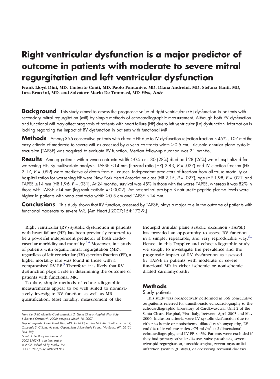 Right ventricular dysfunction is a major predictor of outcome in patients with moderate to severe mitral regurgitation and left ventricular dysfunction