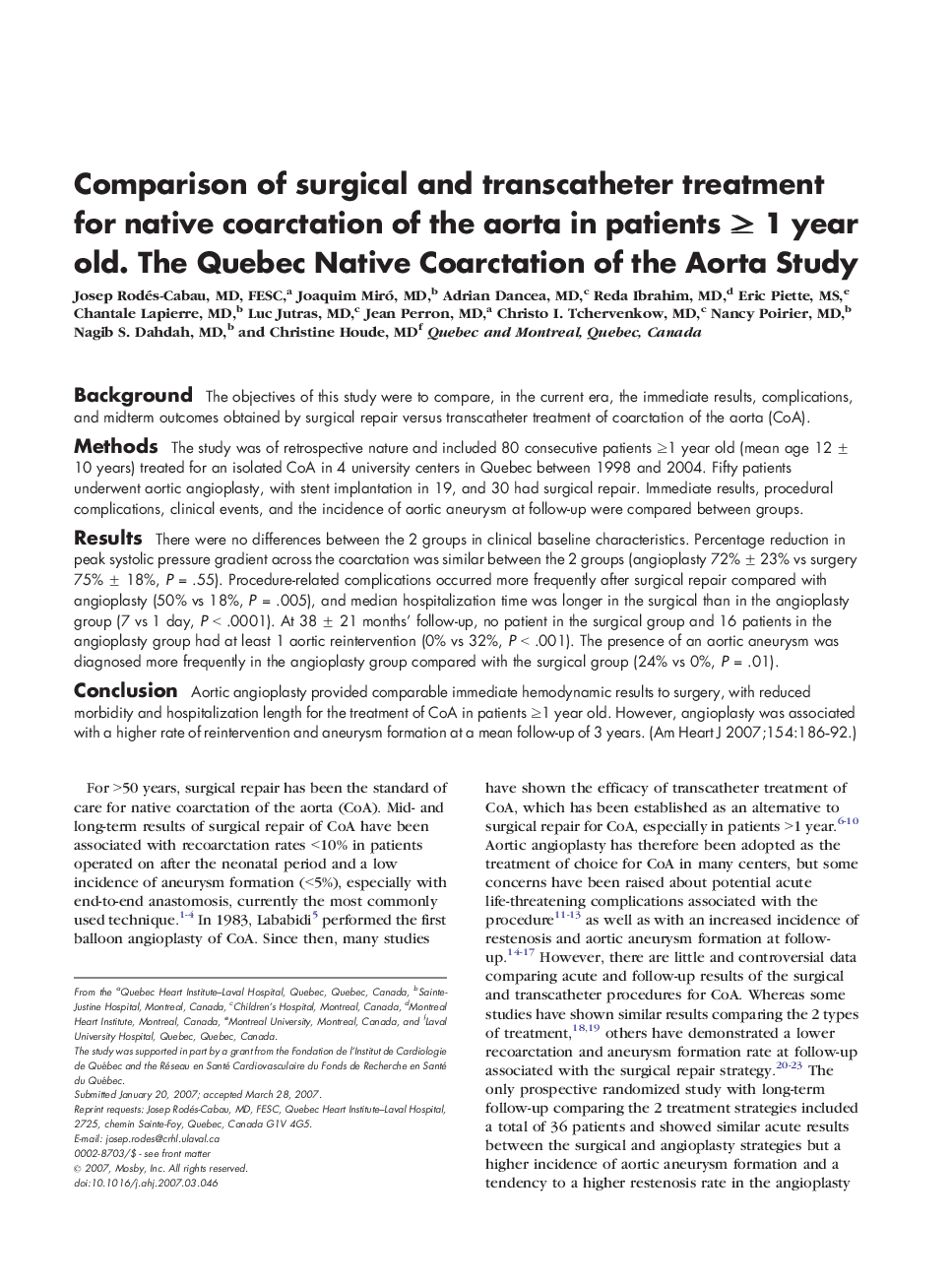 Comparison of surgical and transcatheter treatment for native coarctation of the aorta in patients ≥1 year old. The Quebec Native Coarctation of the Aorta Study 