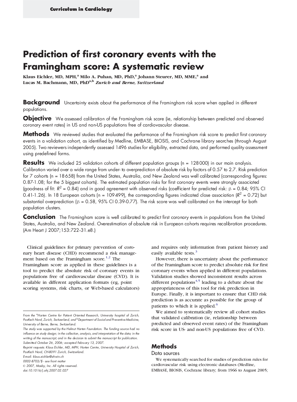 Prediction of first coronary events with the Framingham score: A systematic review