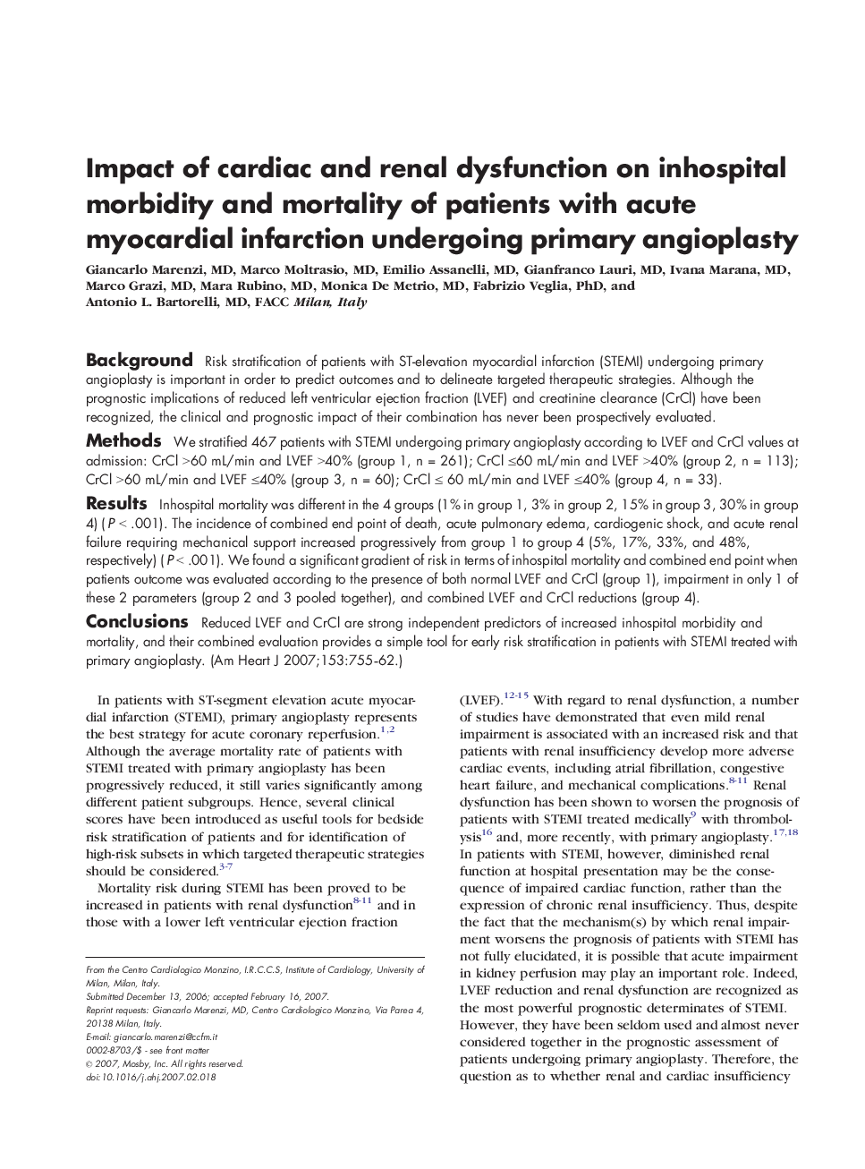 Impact of cardiac and renal dysfunction on inhospital morbidity and mortality of patients with acute myocardial infarction undergoing primary angioplasty