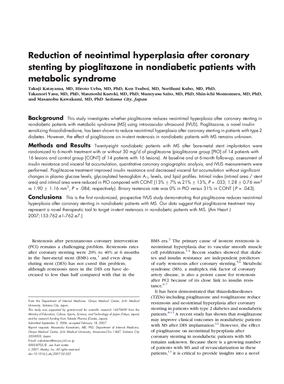 Reduction of neointimal hyperplasia after coronary stenting by pioglitazone in nondiabetic patients with metabolic syndrome