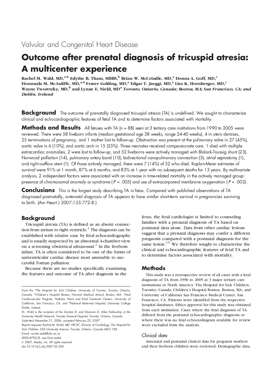 Outcome after prenatal diagnosis of tricuspid atresia: A multicenter experience 