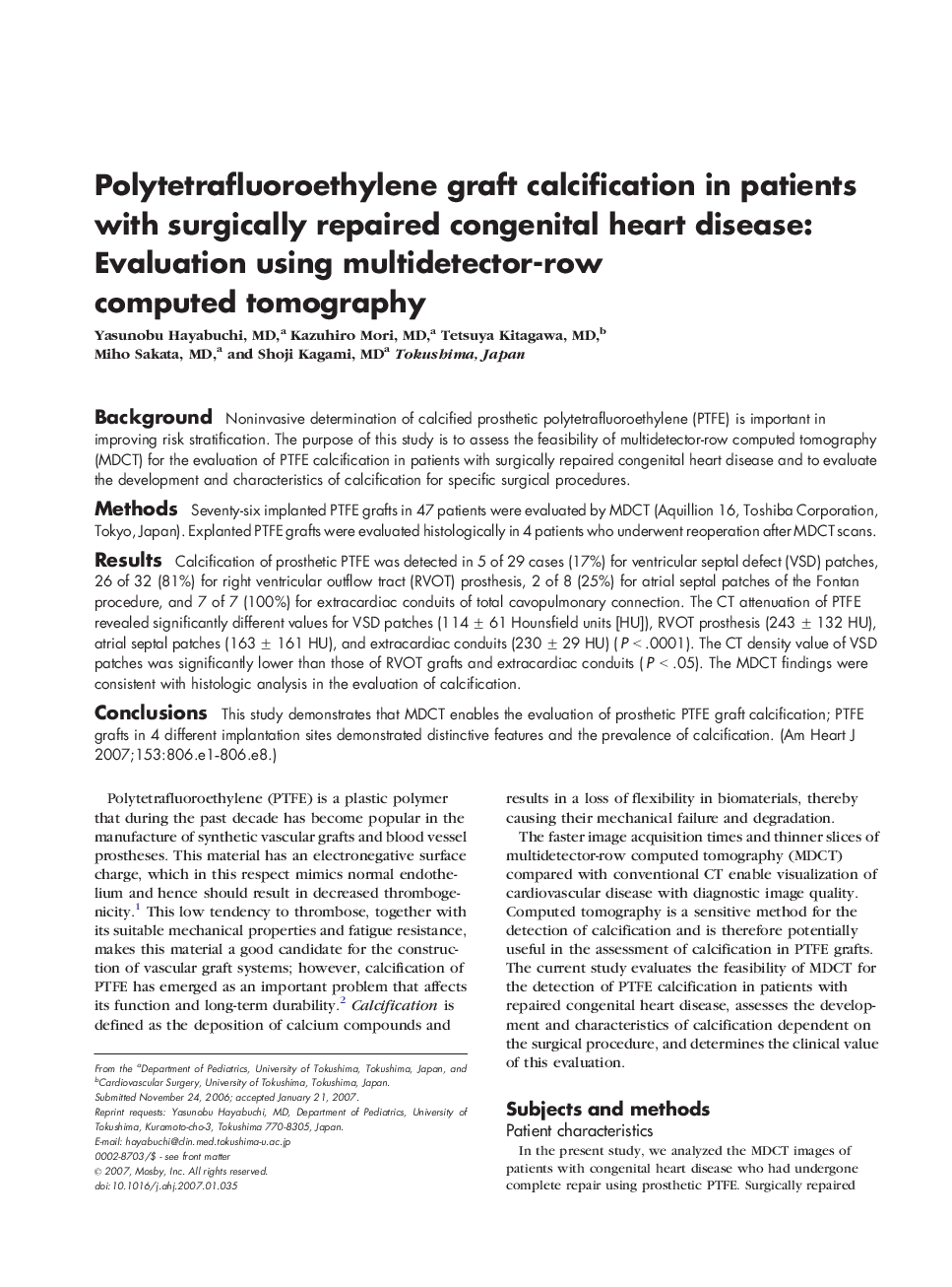 Polytetrafluoroethylene graft calcification in patients with surgically repaired congenital heart disease: Evaluation using multidetector-row computed tomography