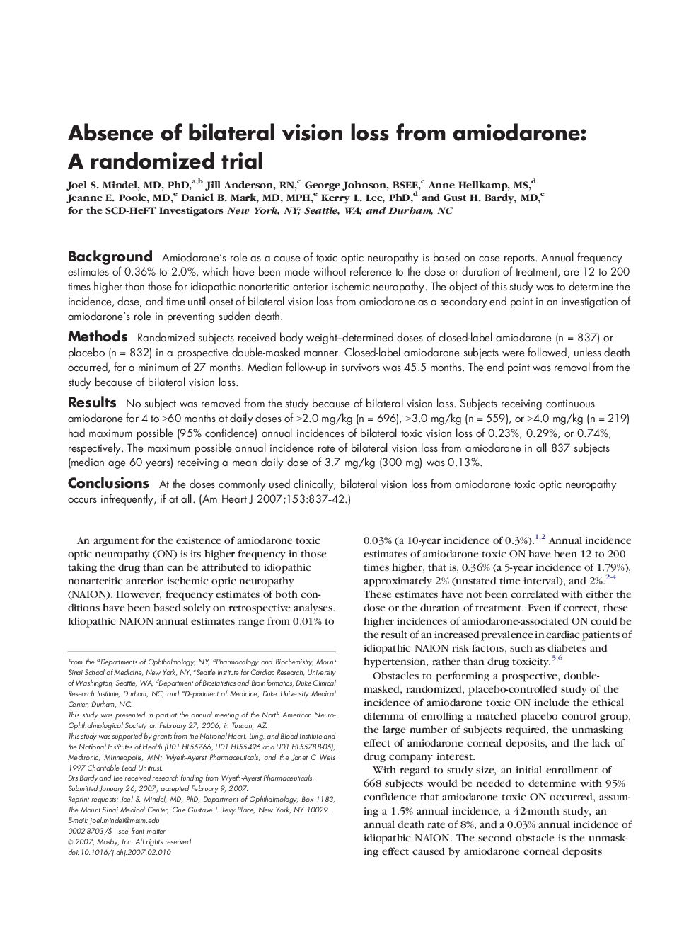 Absence of bilateral vision loss from amiodarone: A randomized trial 