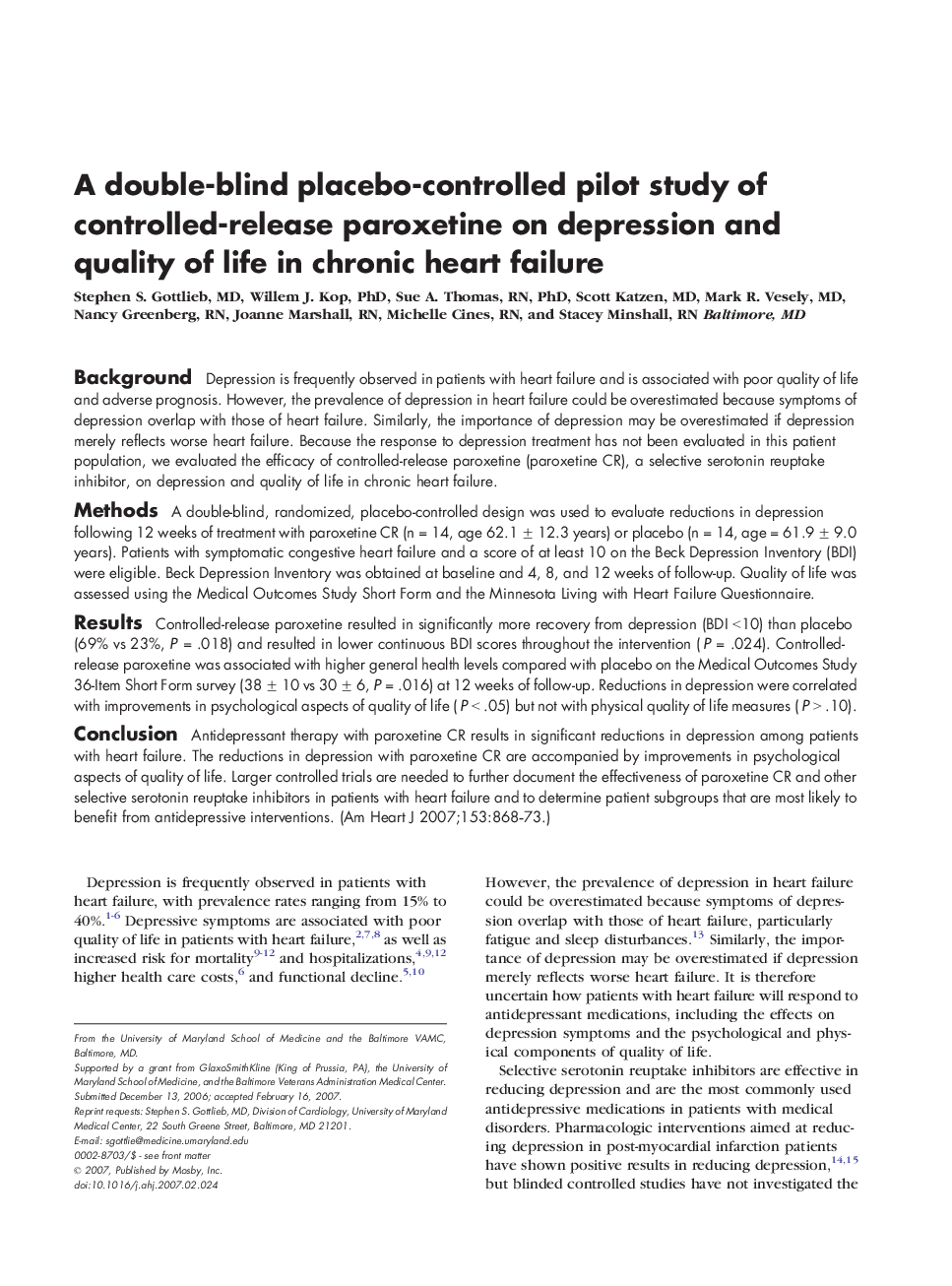 A double-blind placebo-controlled pilot study of controlled-release paroxetine on depression and quality of life in chronic heart failure 