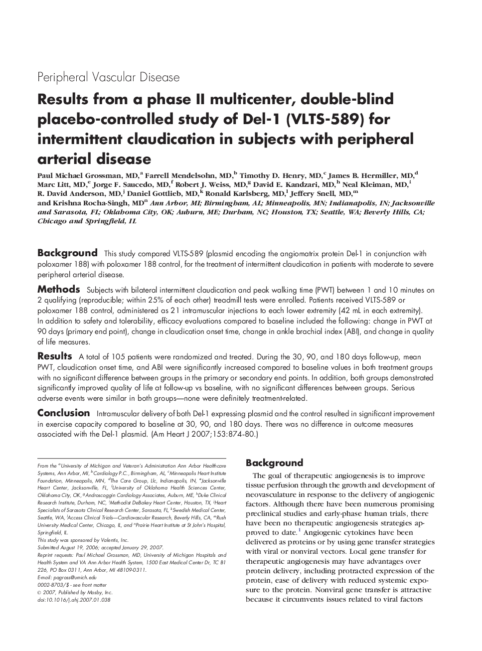 Results from a phase II multicenter, double-blind placebo-controlled study of Del-1 (VLTS-589) for intermittent claudication in subjects with peripheral arterial disease 