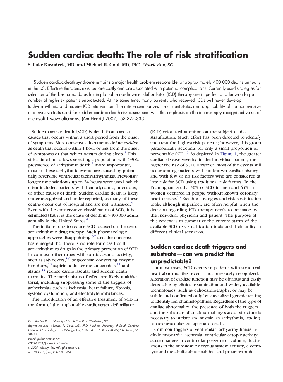 Sudden cardiac death: The role of risk stratification
