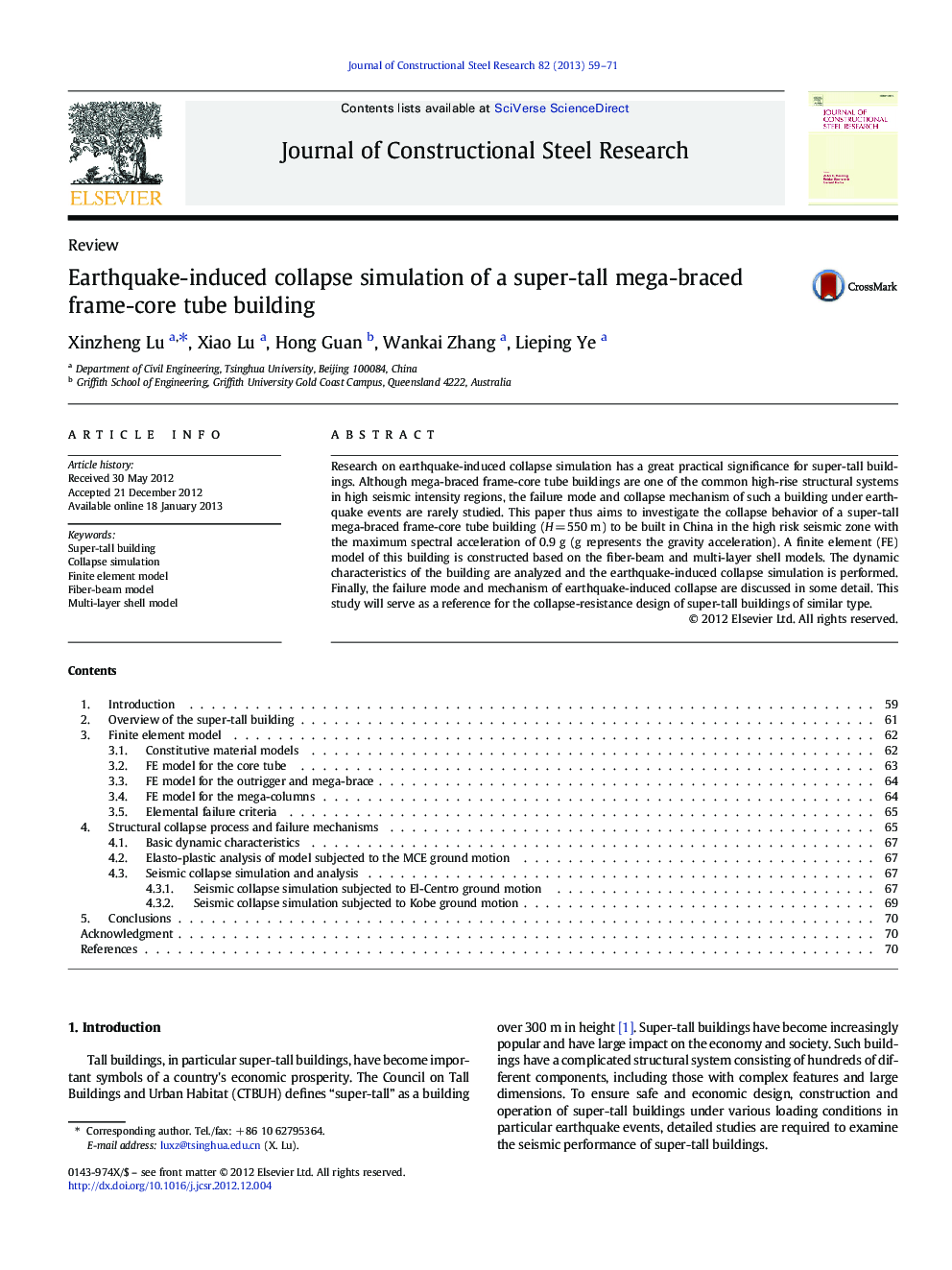 Earthquake-induced collapse simulation of a super-tall mega-braced frame-core tube building