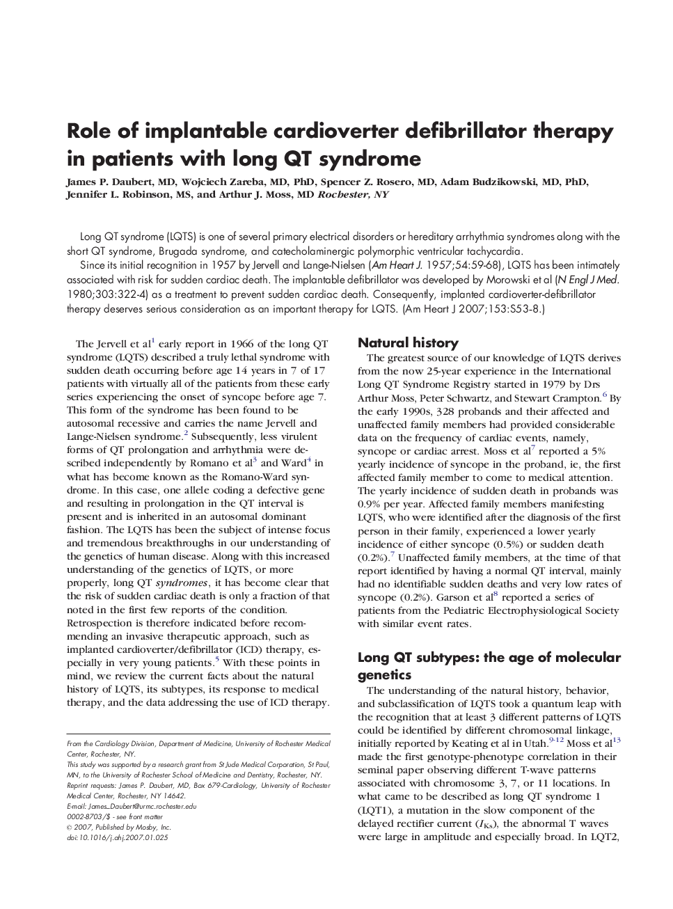 Role of implantable cardioverter defibrillator therapy in patients with long QT syndrome 