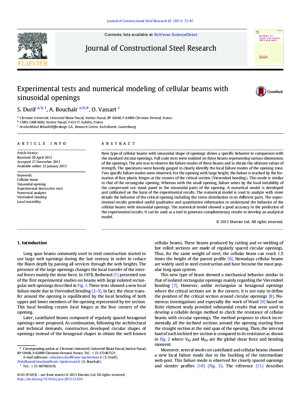 Experimental tests and numerical modeling of cellular beams with sinusoidal openings