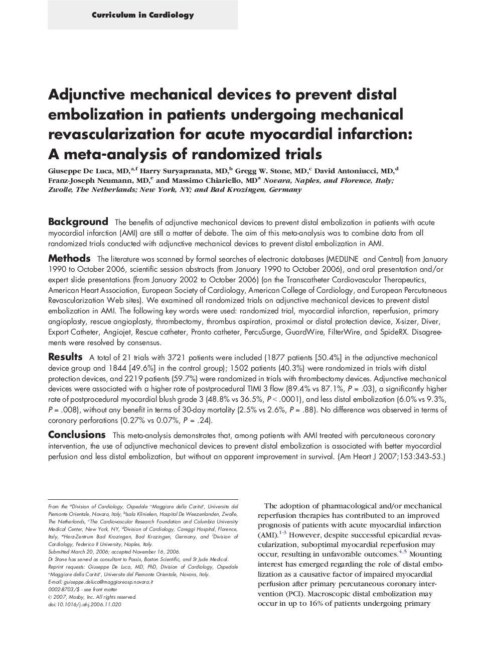 Adjunctive mechanical devices to prevent distal embolization in patients undergoing mechanical revascularization for acute myocardial infarction: A meta-analysis of randomized trials 