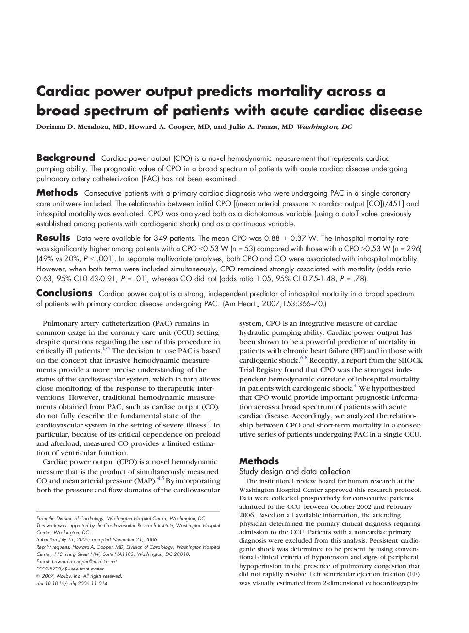 Cardiac power output predicts mortality across a broad spectrum of patients with acute cardiac disease 