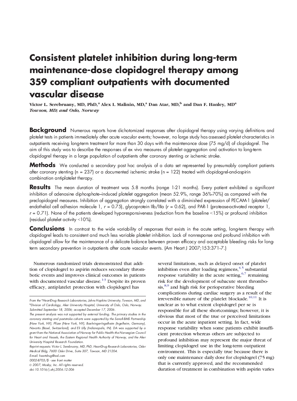 Consistent platelet inhibition during long-term maintenance-dose clopidogrel therapy among 359 compliant outpatients with documented vascular disease 