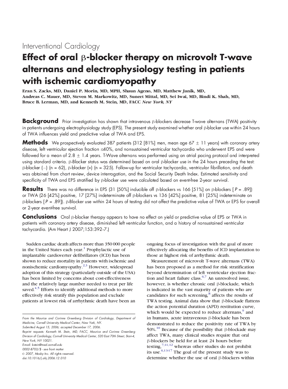 Effect of oral Î²-blocker therapy on microvolt T-wave alternans and electrophysiology testing in patients with ischemic cardiomyopathy