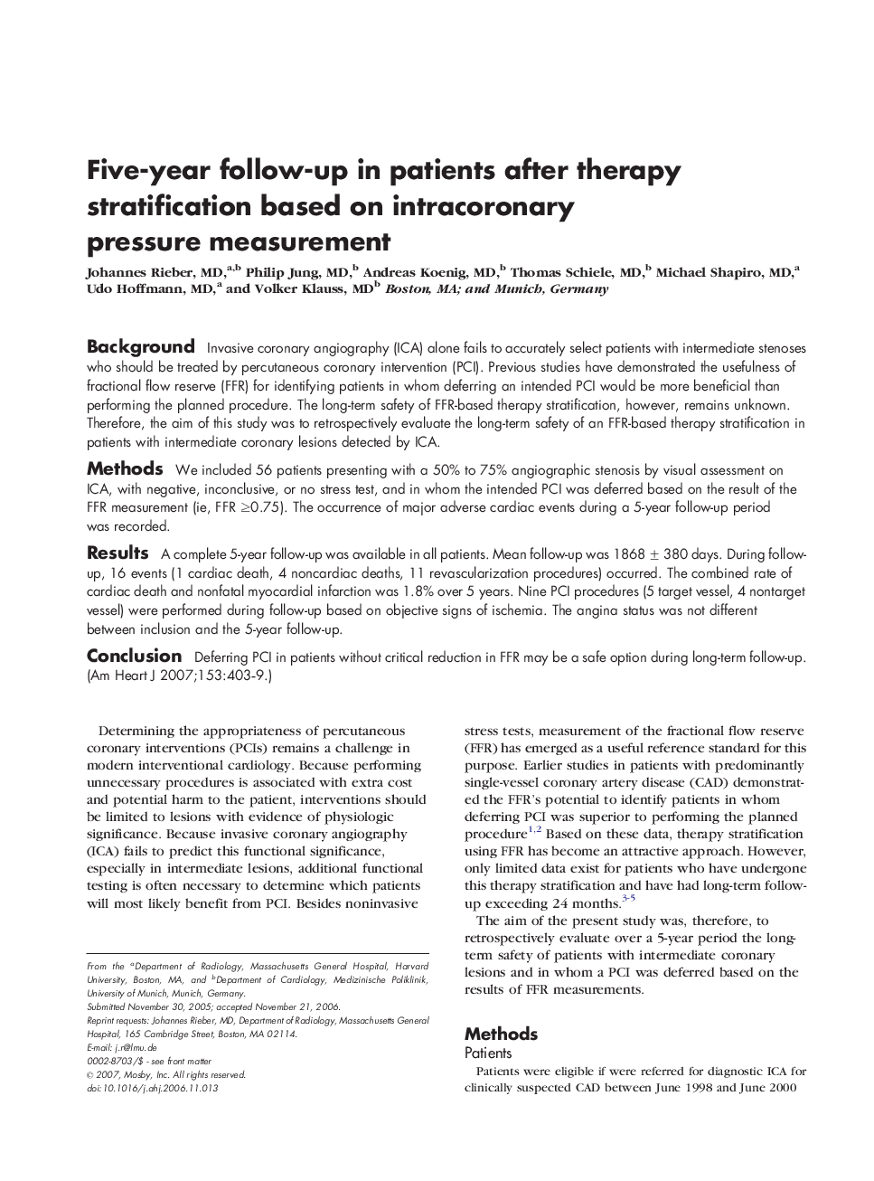 Five-year follow-up in patients after therapy stratification based on intracoronary pressure measurement