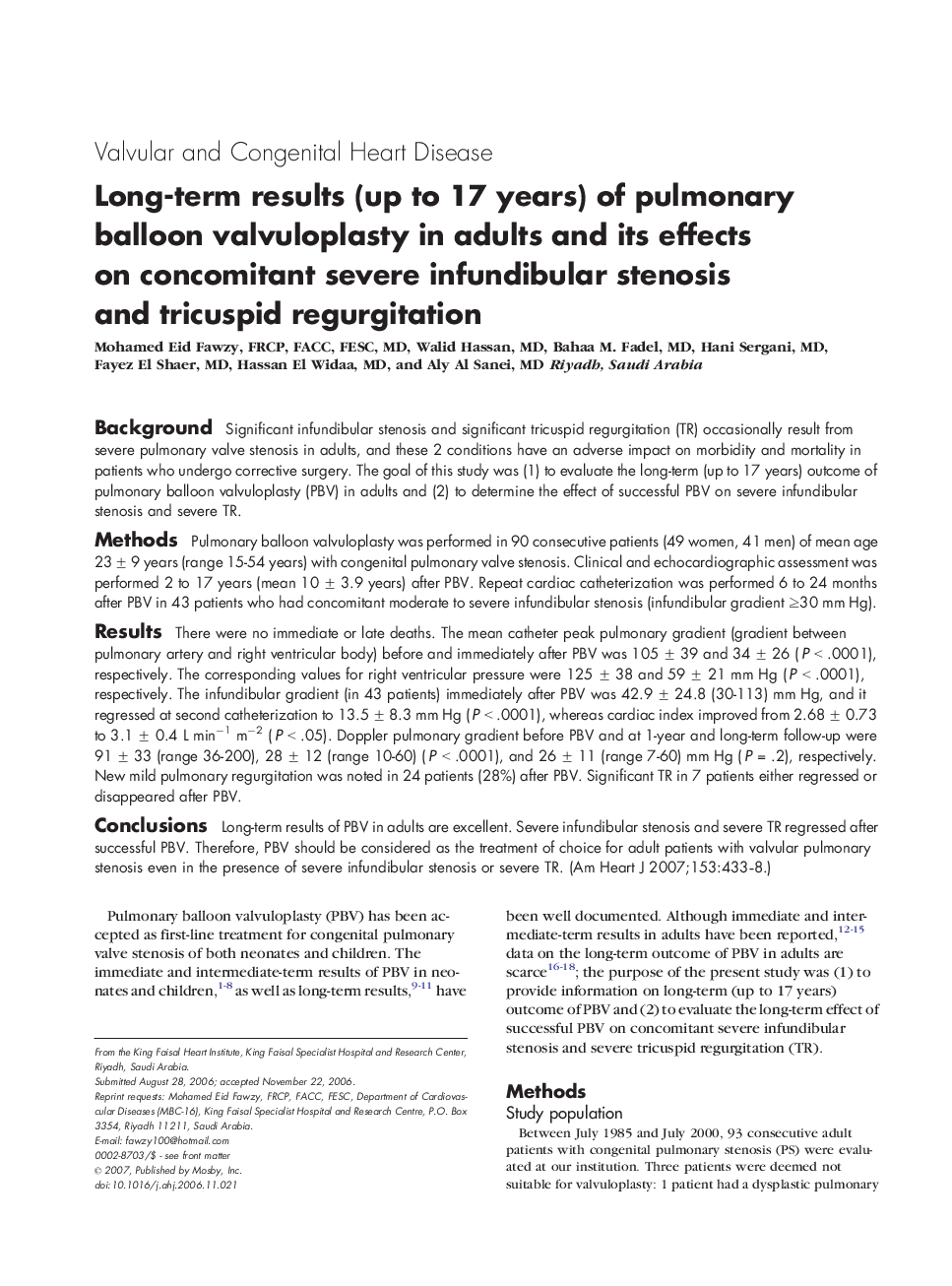 Long-term results (up to 17 years) of pulmonary balloon valvuloplasty in adults and its effects on concomitant severe infundibular stenosis and tricuspid regurgitation