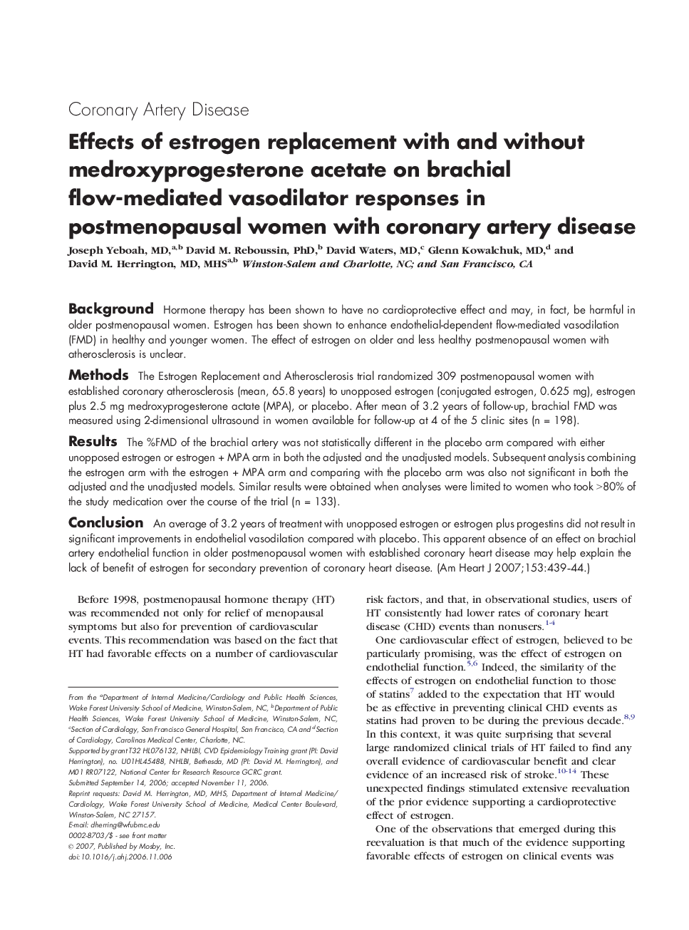 Effects of estrogen replacement with and without medroxyprogesterone acetate on brachial flow-mediated vasodilator responses in postmenopausal women with coronary artery disease 