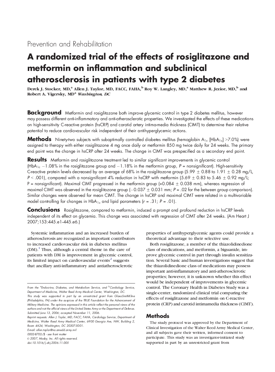 A randomized trial of the effects of rosiglitazone and metformin on inflammation and subclinical atherosclerosis in patients with type 2 diabetes