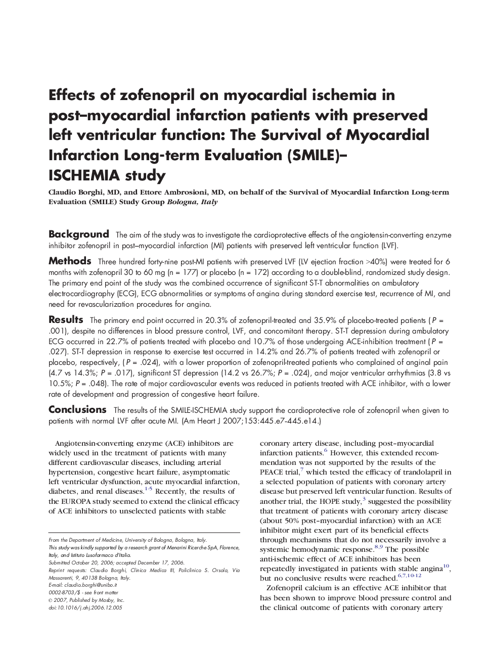 Effects of zofenopril on myocardial ischemia in post-myocardial infarction patients with preserved left ventricular function: The Survival of Myocardial Infarction Long-term Evaluation (SMILE)-ISCHEMIA study
