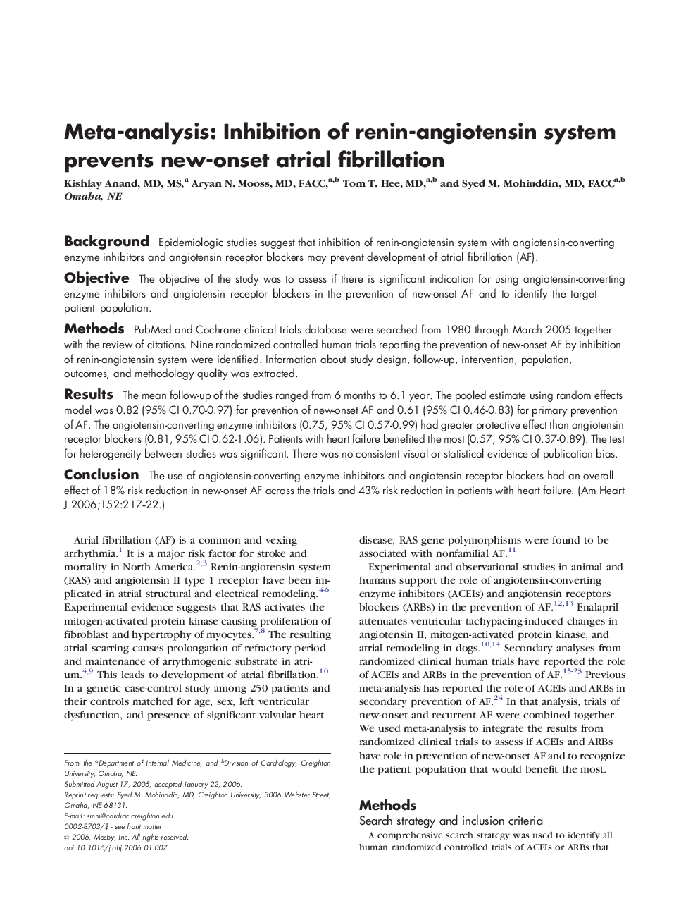Meta-analysis: Inhibition of renin-angiotensin system prevents new-onset atrial fibrillation