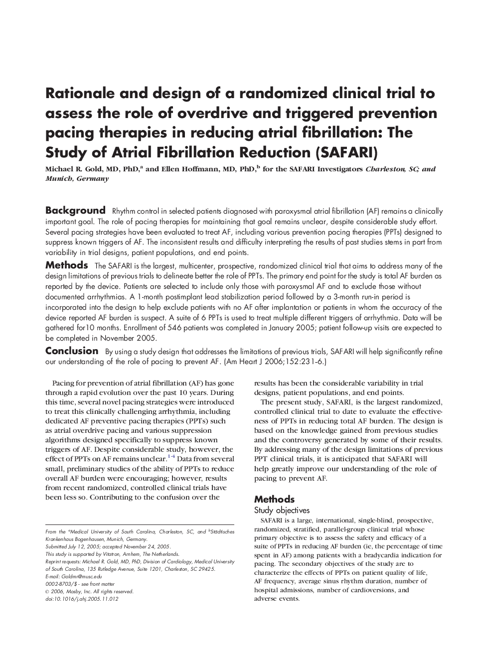 Rationale and design of a randomized clinical trial to assess the role of overdrive and triggered prevention pacing therapies in reducing atrial fibrillation: The Study of Atrial Fibrillation Reduction (SAFARI) 