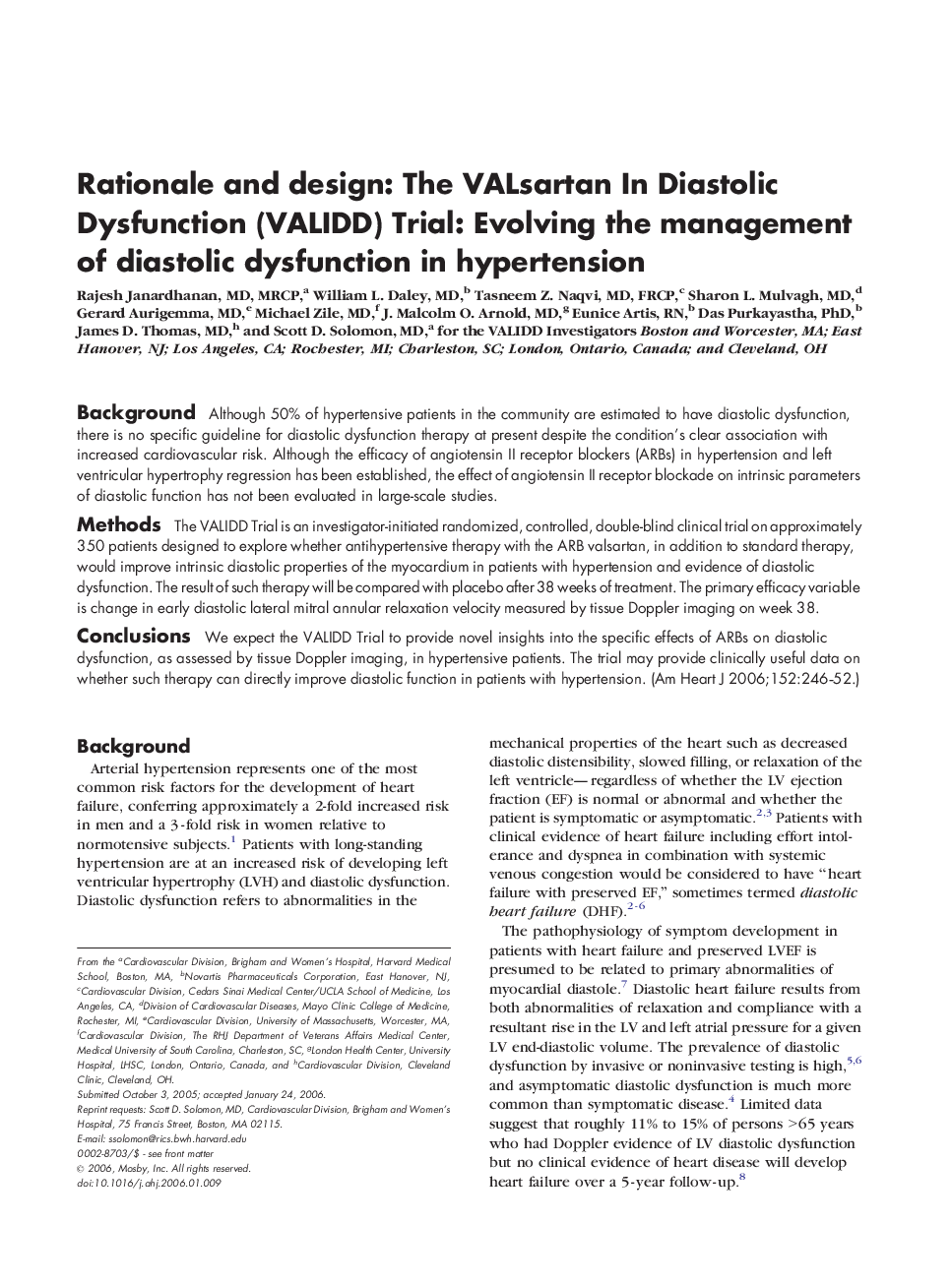 Rationale and design: The VALsartan In Diastolic Dysfunction (VALIDD) Trial: Evolving the management of diastolic dysfunction in hypertension