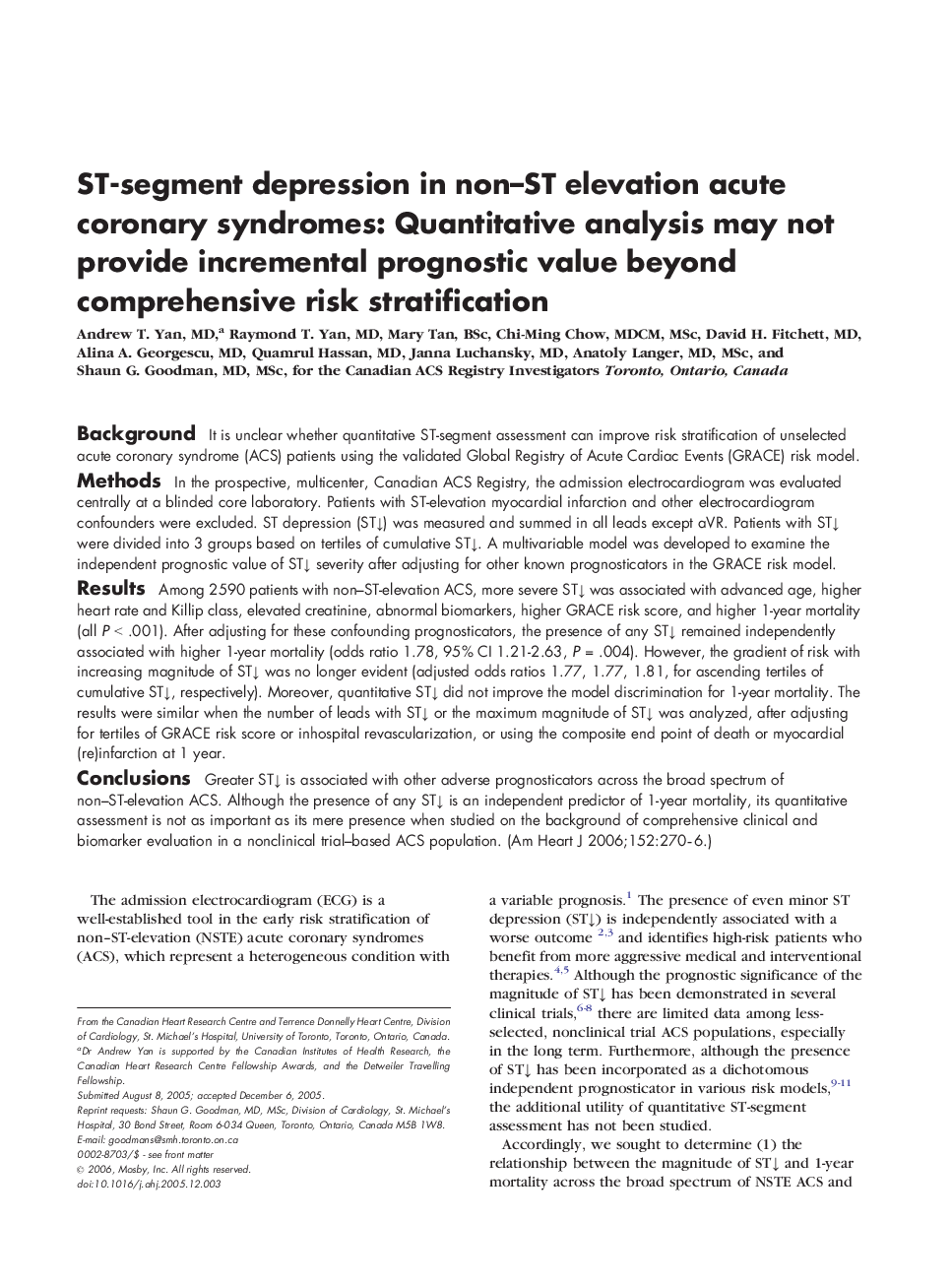 ST-segment depression in non-ST elevation acute coronary syndromes: Quantitative analysis may not provide incremental prognostic value beyond comprehensive risk stratification
