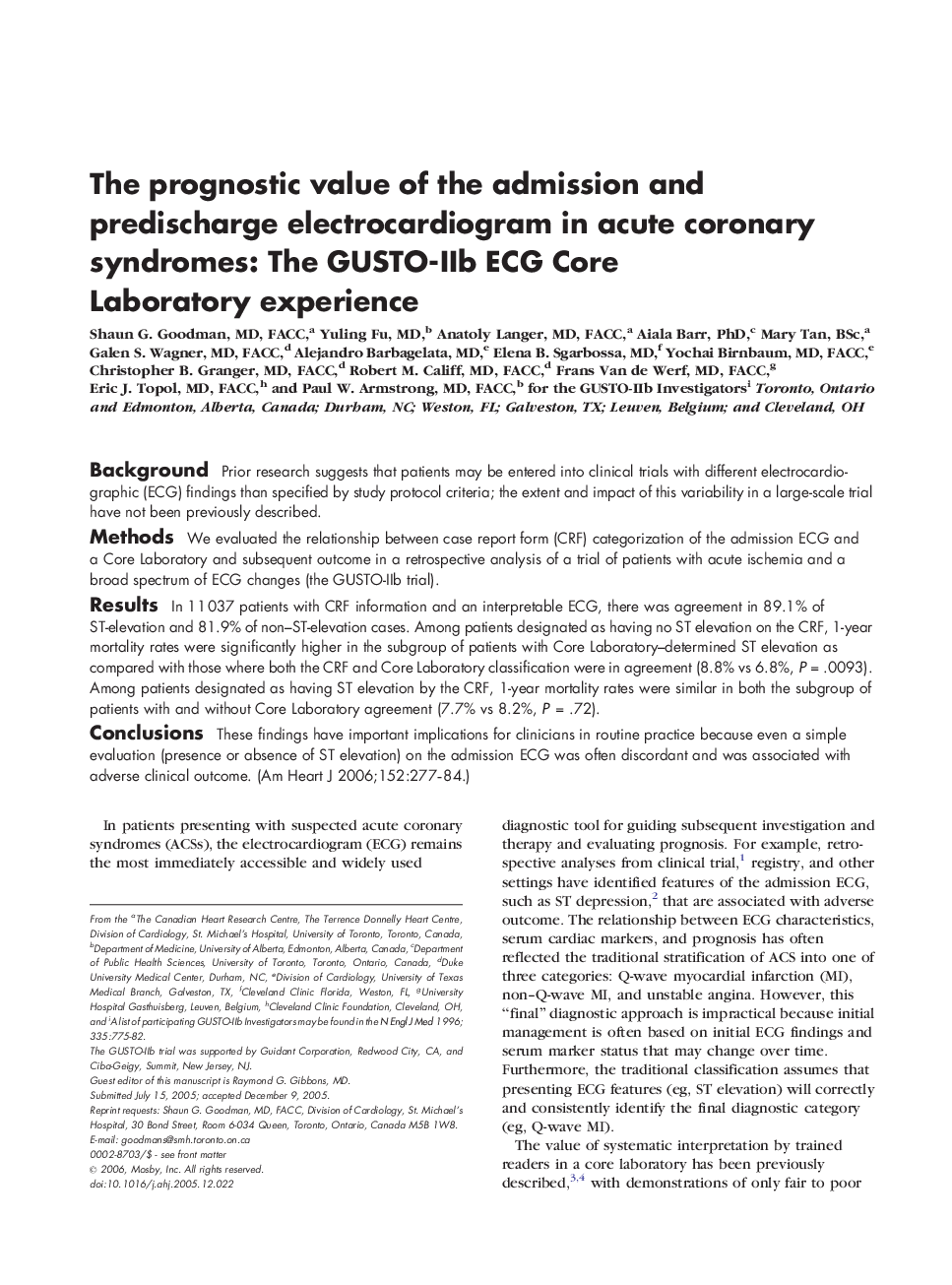 The prognostic value of the admission and predischarge electrocardiogram in acute coronary syndromes: The GUSTO-IIb ECG Core Laboratory experience 