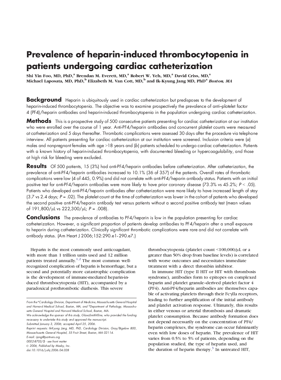 Prevalence of heparin-induced thrombocytopenia in patients undergoing cardiac catheterization
