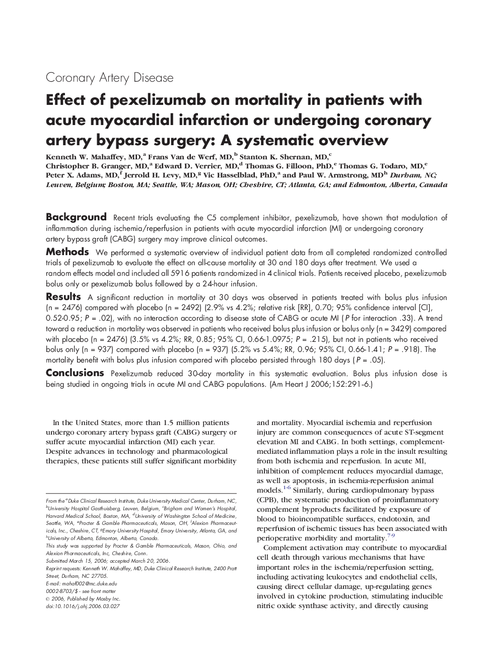 Effect of pexelizumab on mortality in patients with acute myocardial infarction or undergoing coronary artery bypass surgery: A systematic overview 
