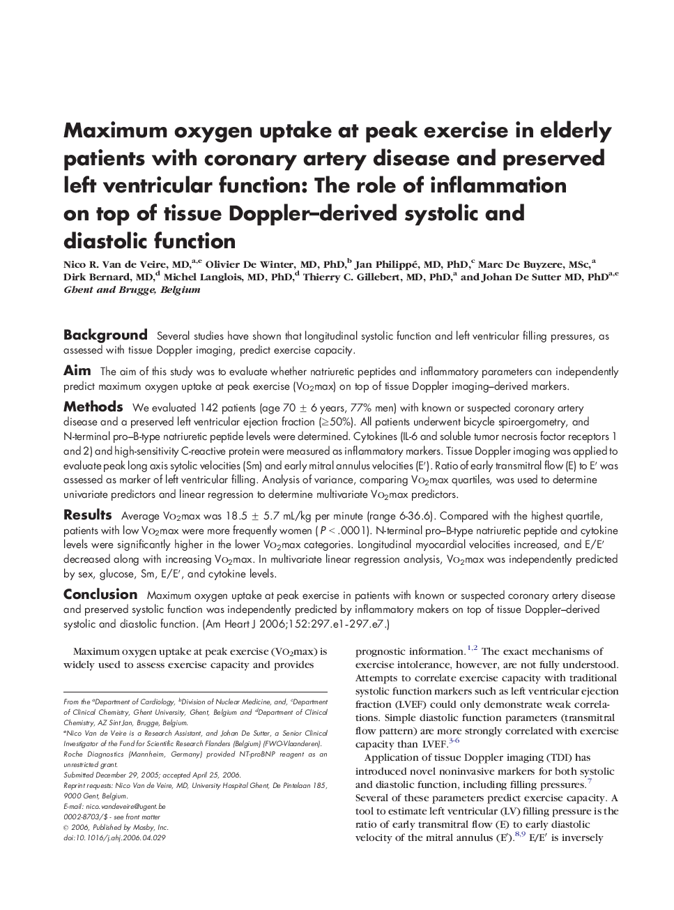 Maximum oxygen uptake at peak exercise in elderly patients with coronary artery disease and preserved left ventricular function