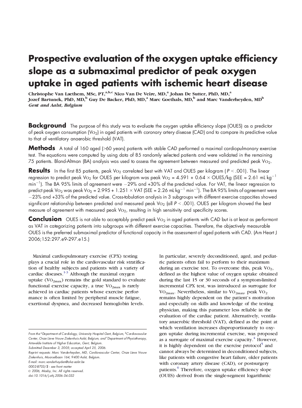Prospective evaluation of the oxygen uptake efficiency slope as a submaximal predictor of peak oxygen uptake in aged patients with ischemic heart disease