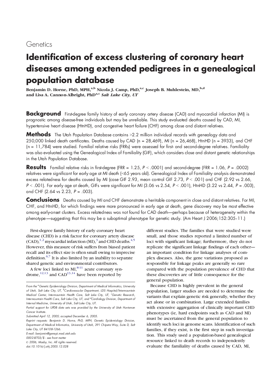 Identification of excess clustering of coronary heart diseases among extended pedigrees in a genealogical population database 