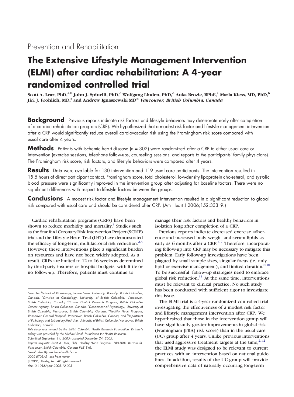 The Extensive Lifestyle Management Intervention (ELMI) after cardiac rehabilitation: A 4-year randomized controlled trial 