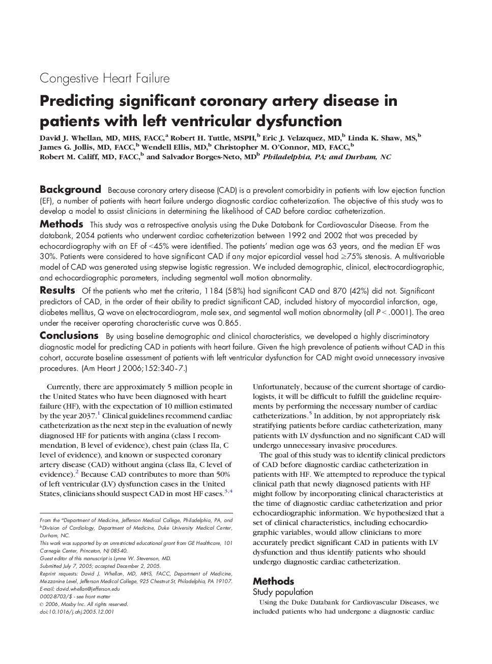 عکس صفحه اول مقاله: Predicting significant coronary artery disease in patients with left ventricular dysfunction Predicting significant coronary artery disease in patients with left ventricular dysfunction