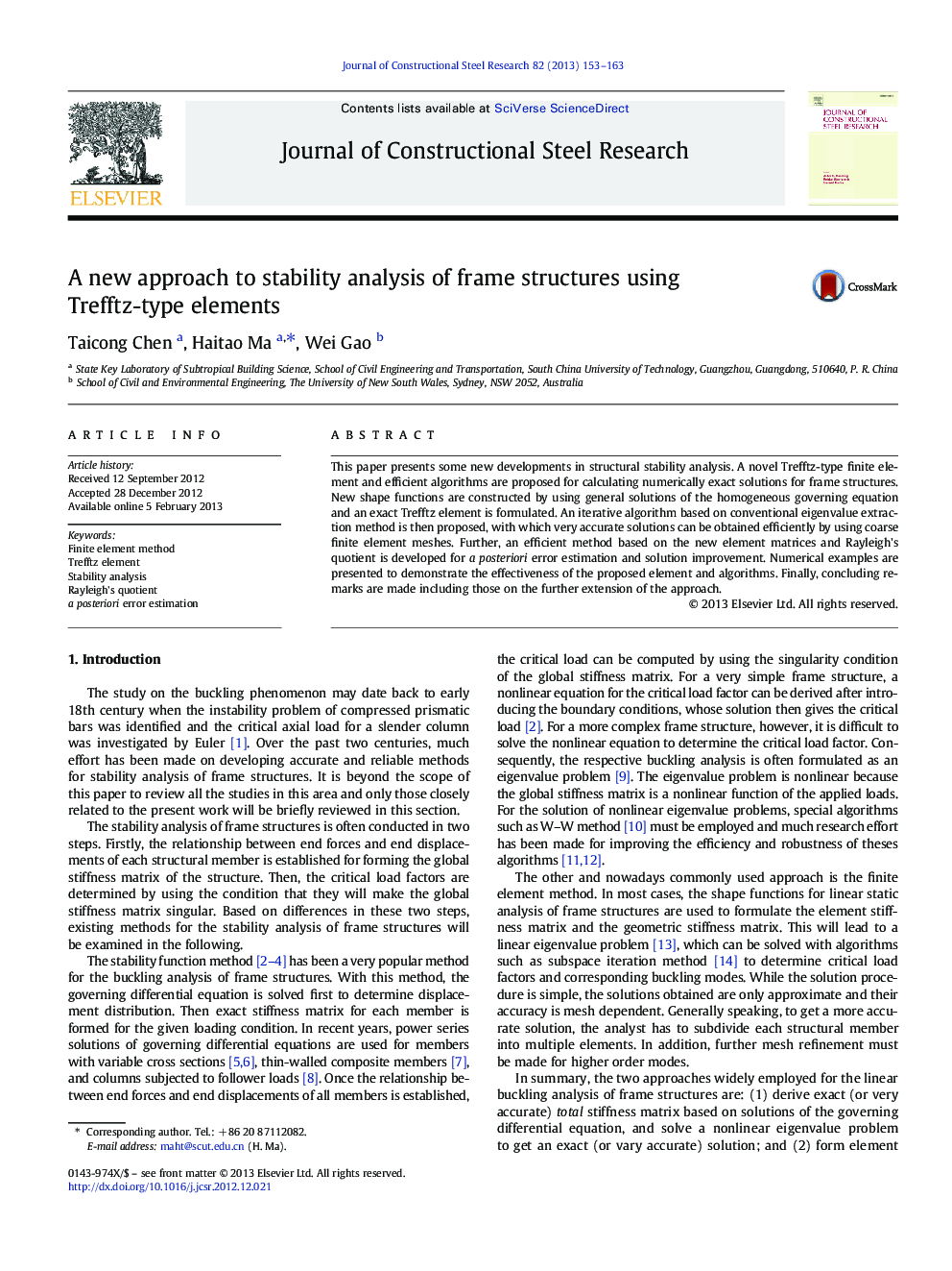 A new approach to stability analysis of frame structures using Trefftz-type elements