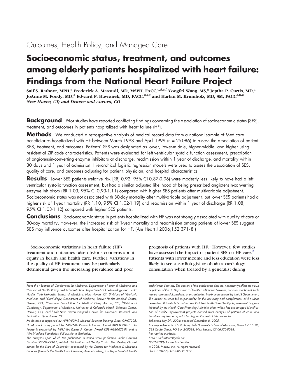 Socioeconomic status, treatment, and outcomes among elderly patients hospitalized with heart failure: Findings from the National Heart Failure Project 