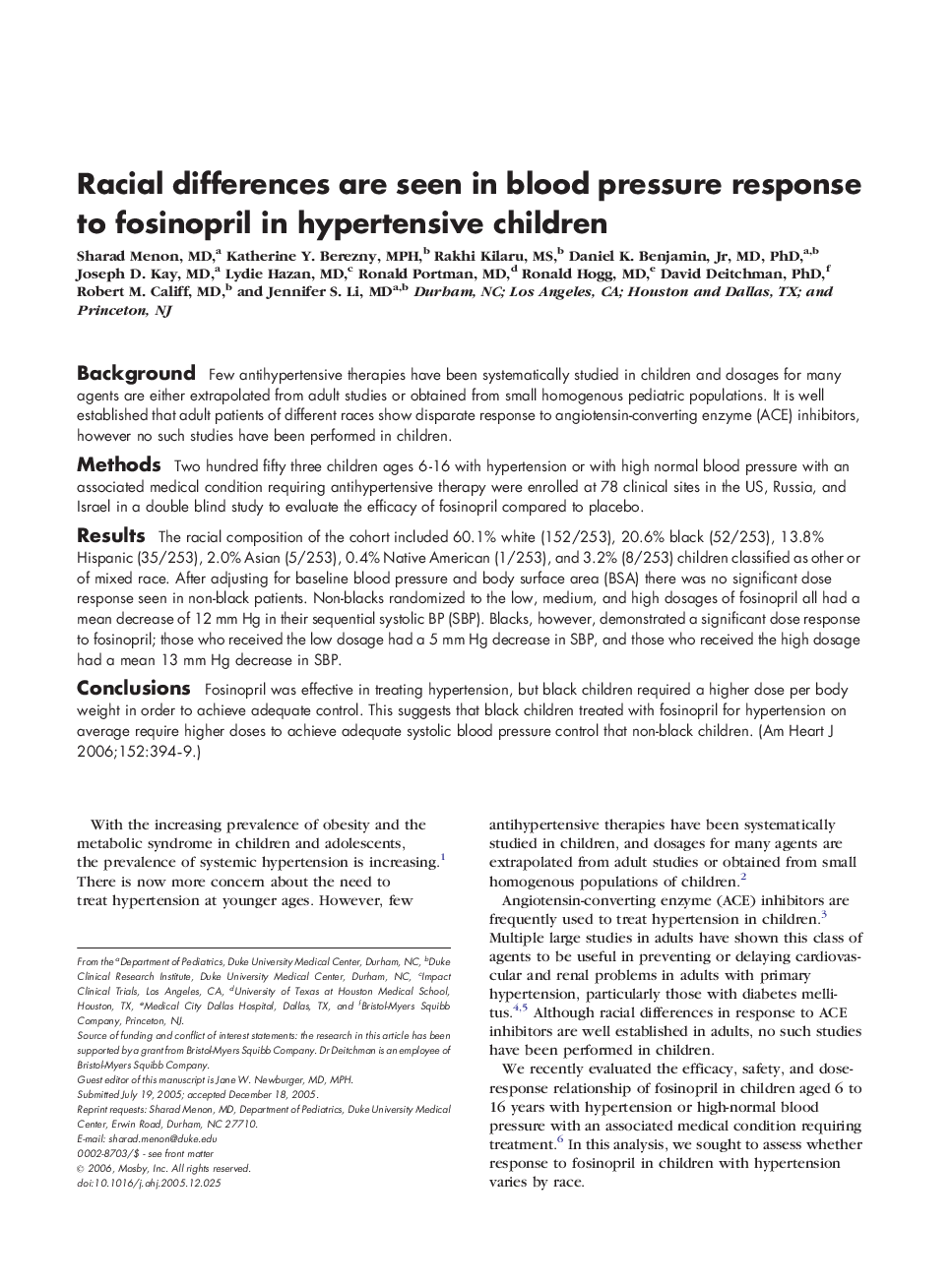 Racial differences are seen in blood pressure response to fosinopril in hypertensive children
