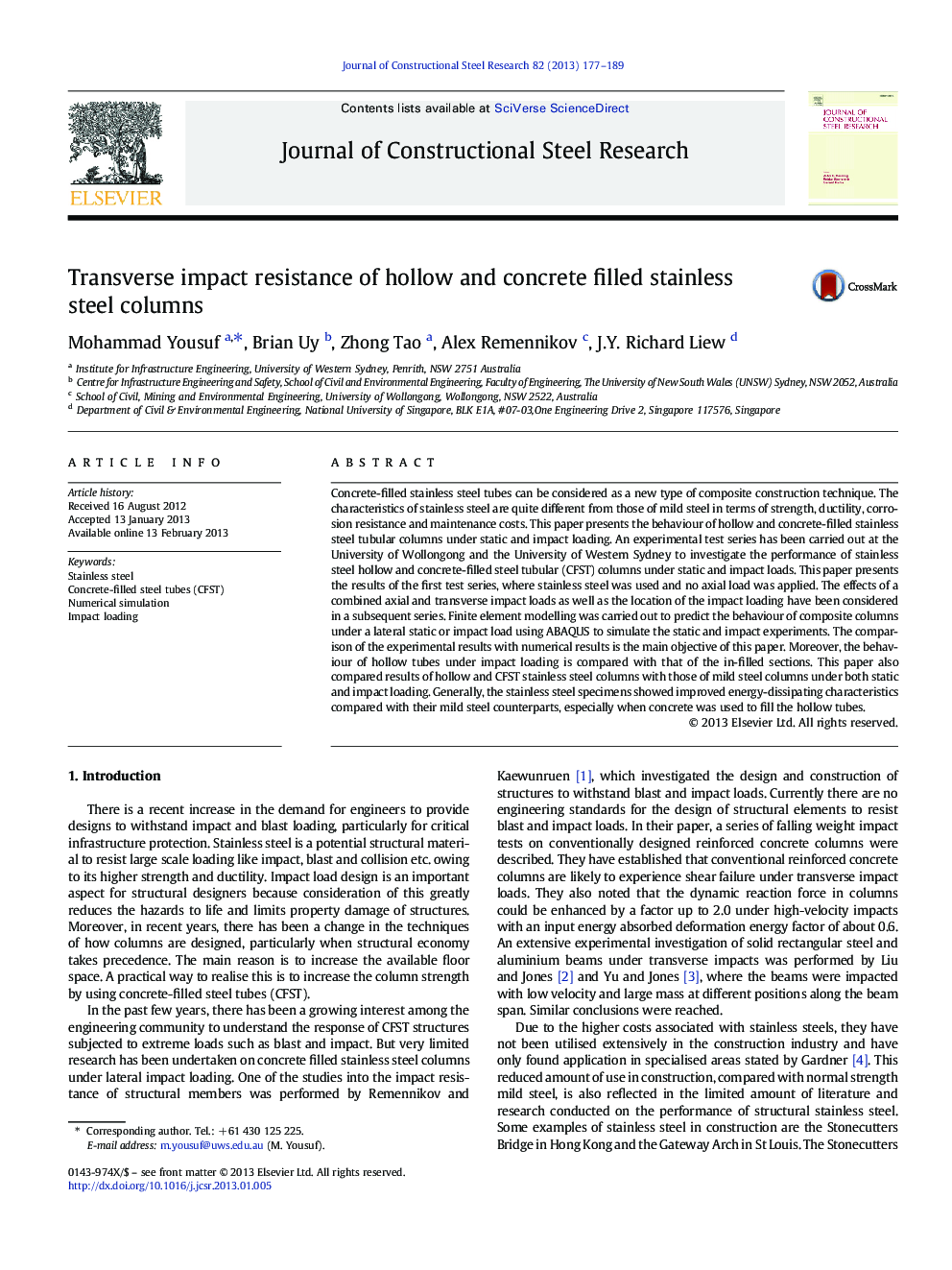 Transverse impact resistance of hollow and concrete filled stainless steel columns