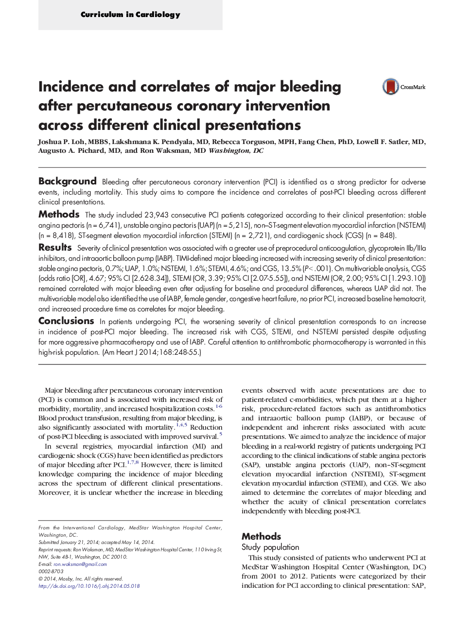 Incidence and correlates of major bleeding after percutaneous coronary intervention across different clinical presentations