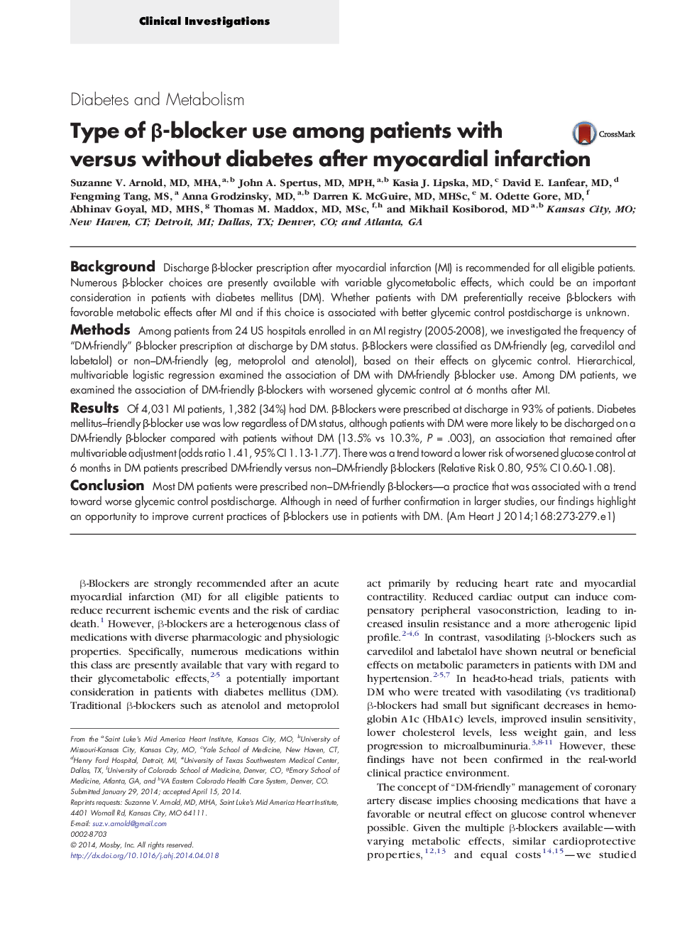 Type of Î²-blocker use among patients with versus without diabetes after myocardial infarction