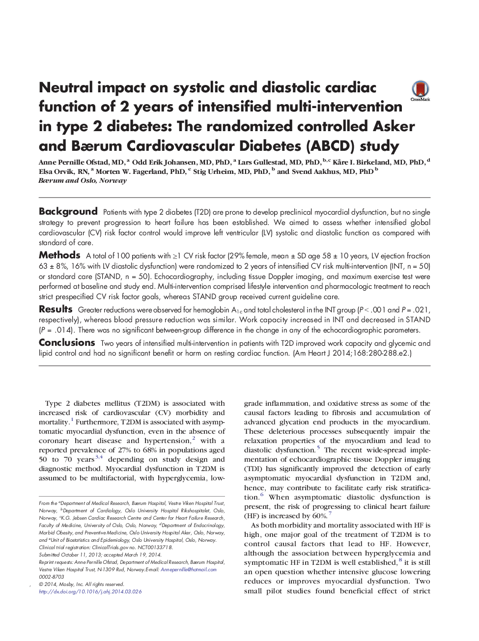 Neutral impact on systolic and diastolic cardiac function of 2 years of intensified multi-intervention in type 2 diabetes: The randomized controlled Asker and BÃ¦rum Cardiovascular Diabetes (ABCD) study