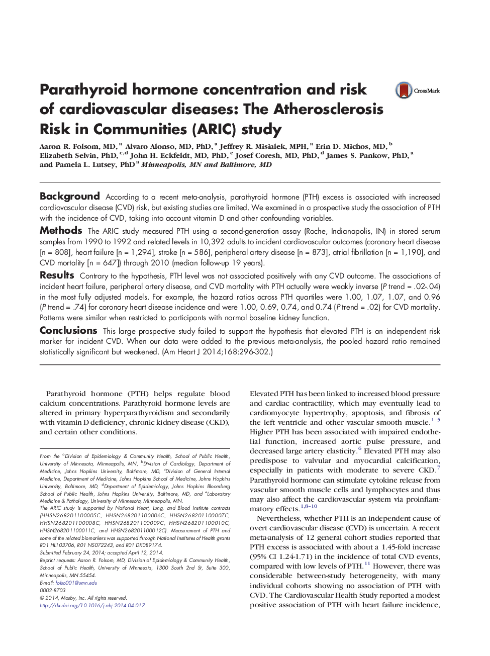 Parathyroid hormone concentration and risk of cardiovascular diseases: The Atherosclerosis Risk in Communities (ARIC) study 