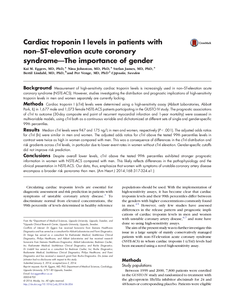Cardiac troponin I levels in patients with non-ST-elevation acute coronary syndrome-The importance of gender