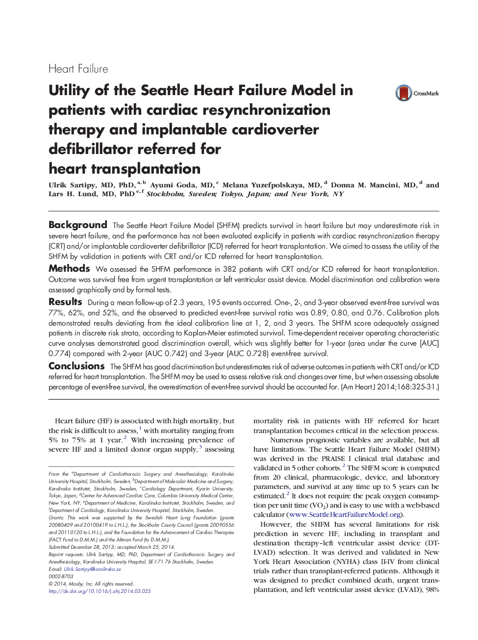 Utility of the Seattle Heart Failure Model in patients with cardiac resynchronization therapy and implantable cardioverter defibrillator referred for heart transplantation 