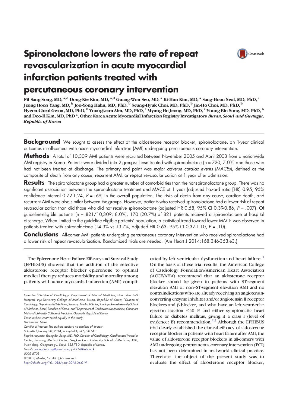 Spironolactone lowers the rate of repeat revascularization in acute myocardial infarction patients treated with percutaneous coronary intervention