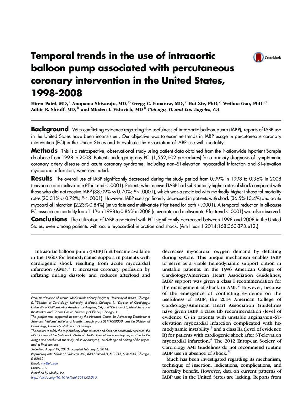Temporal trends in the use of intraaortic balloon pump associated with percutaneous coronary intervention in the United States, 1998-2008
