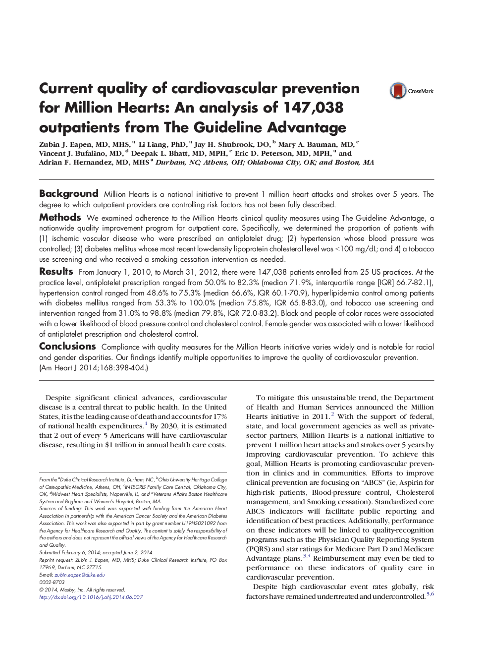 Current quality of cardiovascular prevention for Million Hearts: An analysis of 147,038 outpatients from The Guideline Advantage 