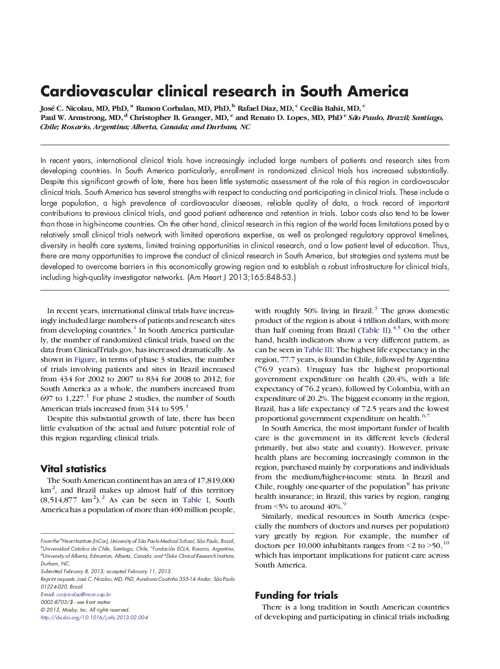 Cardiovascular clinical research in South America